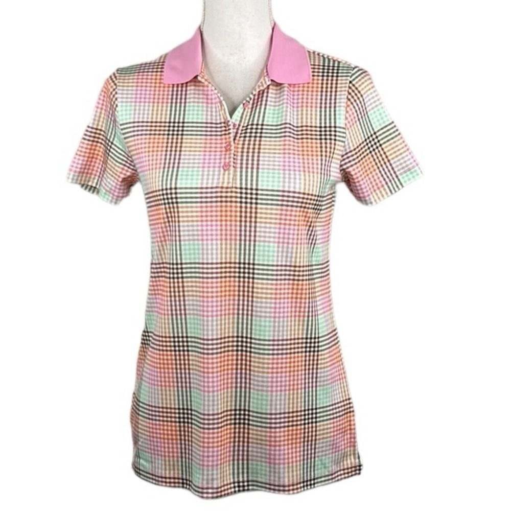 Land's‎ End Pink Plaid Golf Activewear Short Sleeve Polo Top Size XS